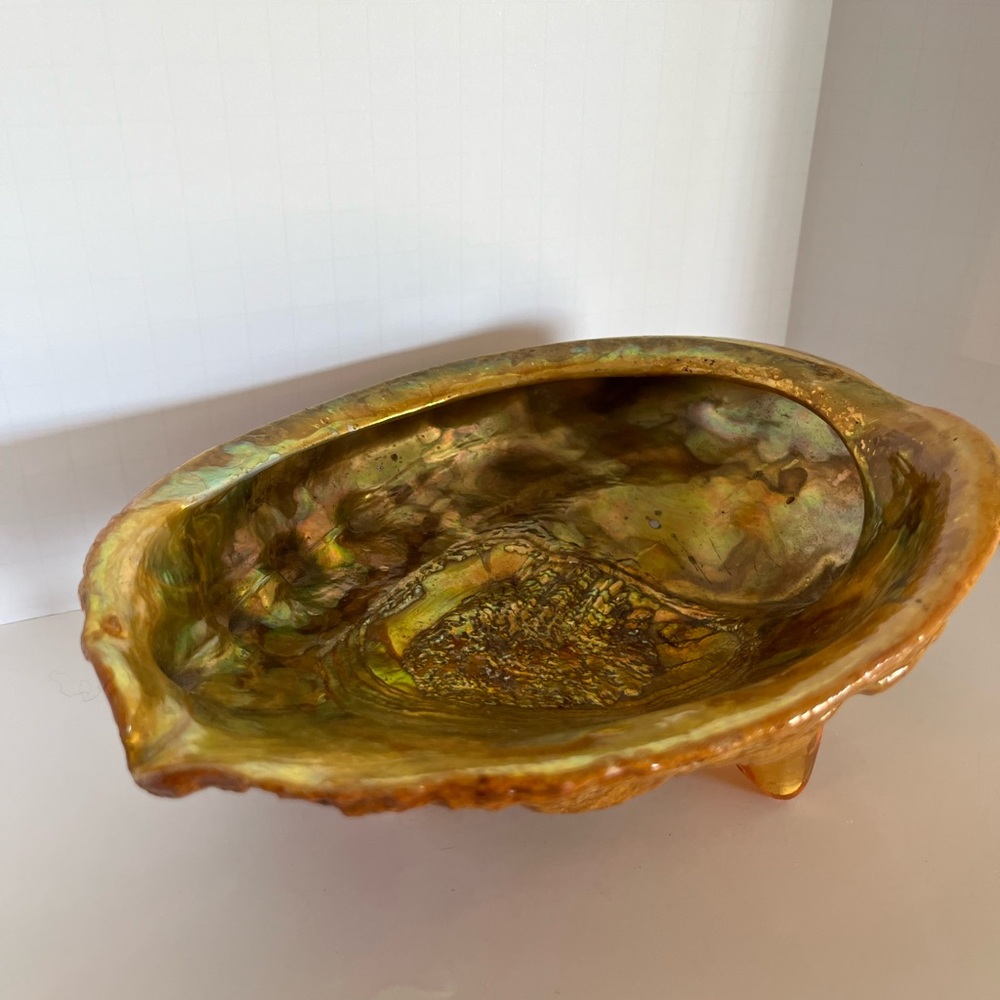 Large Vintage Iridescent Abalone Shell Decorative Dish - Gold-Green